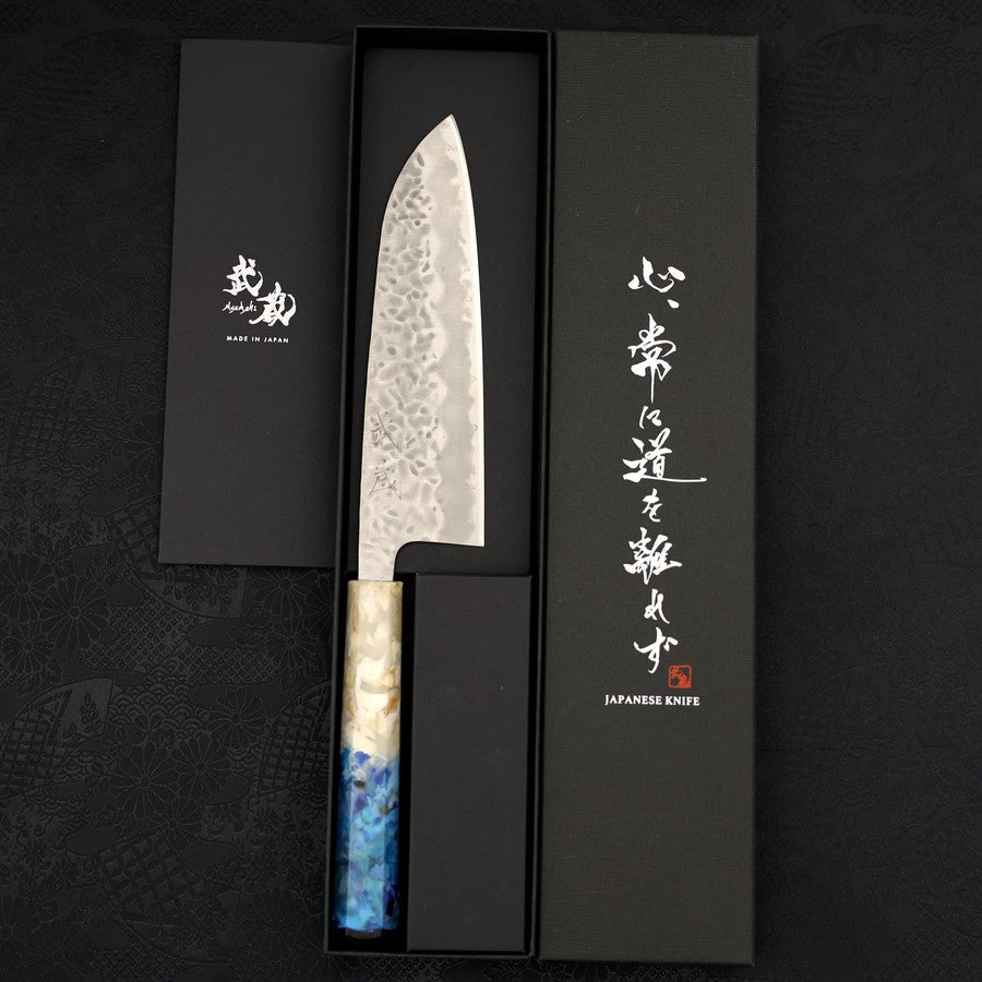 Santoku White steel #1 Stainless Clad Tsuchime Ocean White Blue Handle 165mm-White steel #1-Tsuchime-Ocean Handle-[Musashi]-[Japanese-Kitchen-Knives]