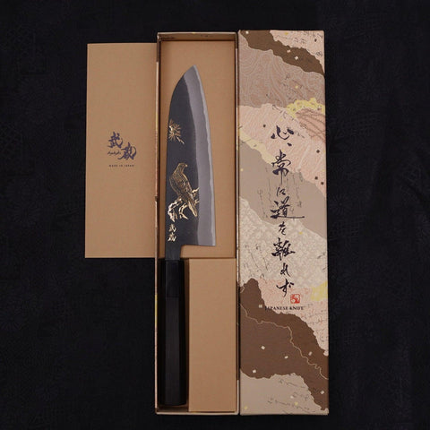 Santoku White steel #2 Kurouchi Chokin Eagle Buffalo Ebony Handle 170mm-White steel #2-Kurouchi-Japanese Handle-[Musashi]-[Japanese-Kitchen-Knives]