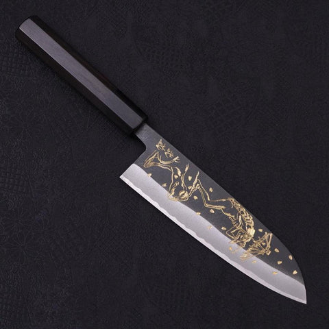 Santoku White steel #2 Kurouchi Chokin Kappa Frog Buffalo Ebony Handle 170mm-White steel #2-Kurouchi-Japanese Handle-[Musashi]-[Japanese-Kitchen-Knives]