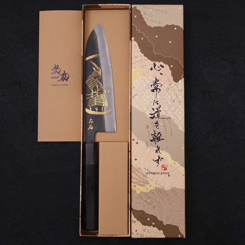 Santoku White steel #2 Kurouchi Chokin Samurai New Moon Buffalo Ebony Handle 170mm-White steel #2-Kurouchi-Japanese Handle-[Musashi]-[Japanese-Kitchen-Knives]