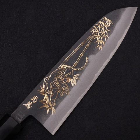 Santoku White steel #2 Kurouchi Chokin Tiger-Bamboo Buffalo Ebony Handle 170mm-White steel #2-Kurouchi-Japanese Handle-[Musashi]-[Japanese-Kitchen-Knives]