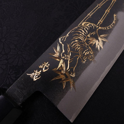 Santoku White steel #2 Kurouchi Chokin Tiger-Bamboo Buffalo Ebony Handle 170mm-White steel #2-Kurouchi-Japanese Handle-[Musashi]-[Japanese-Kitchen-Knives]