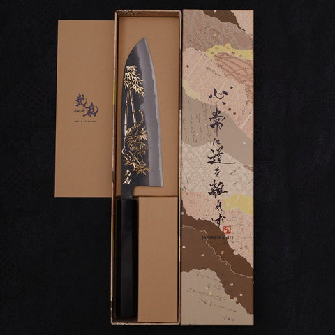 Santoku White steel #2 Kurouchi Chokin Tiger-Bamboo Buffalo Ebony Handle 170mm-White steel #2-Kurouchi-Japanese Handle-[Musashi]-[Japanese-Kitchen-Knives]