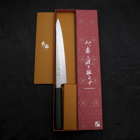 Sujihiki AUS-10 Nashiji Damascus Green Urushi Handle 240mm-AUS-10-Damascus-Japanese Handle-[Musashi]-[Japanese-Kitchen-Knives]