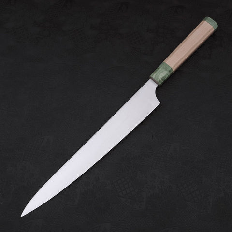 Sujihiki Blue Super Polished Maple Green Handle 270mm-Blue Super-Polished-Japanese Handle-[Musashi]-[Japanese-Kitchen-Knives]