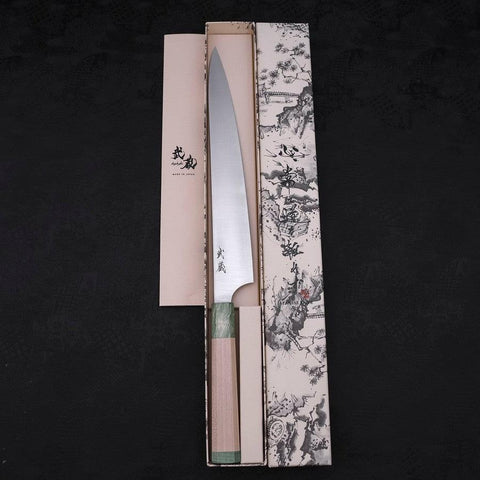 Sujihiki Blue Super Polished Maple Green Handle 270mm-Blue Super-Polished-Japanese Handle-[Musashi]-[Japanese-Kitchen-Knives]