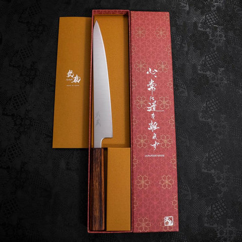 Sujihiki Stainless Clad Blue Super Polished Sumi Urushi Handle 240mm-Blue Super-Polished-Japanese Handle-[Musashi]-[Japanese-Kitchen-Knives]