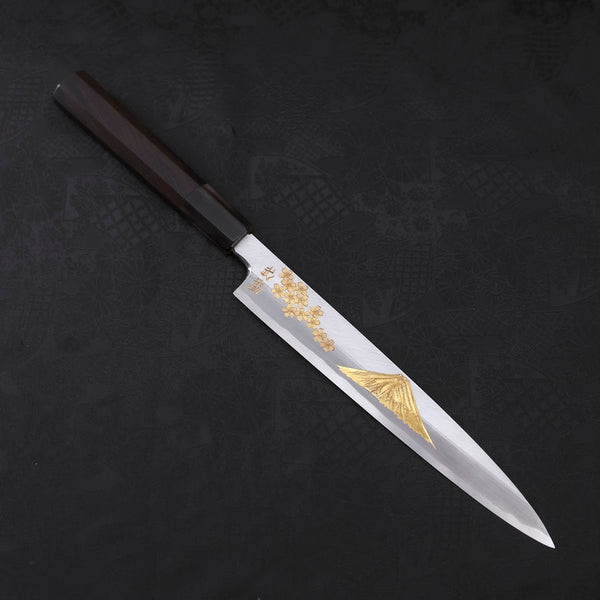 柳刃 片刃 白紙2号 霞 桜 富士 黒檀水牛柄 210mm – MUSASHI