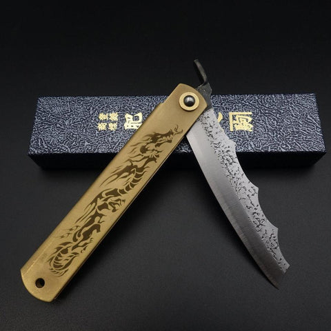 Ryubu-Dragon Brass Higonokami Aogami 120mm-[Musashi]-[Japanese-Kitchen-Knives]